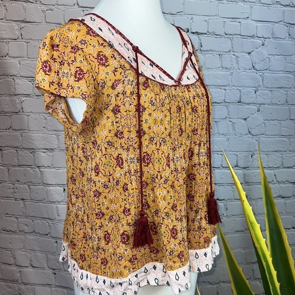 Bohemian Gauze Top, Saffron, Brick Red & Pink, Size M